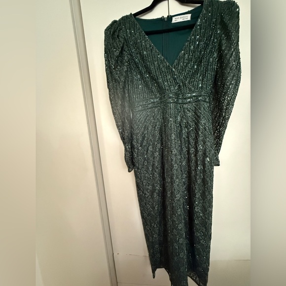 NWT | Mac Duggal 93676 Deep Green Beaded Lace Long Sleeve Midi Dress Size 6 - Picture 9 of 14